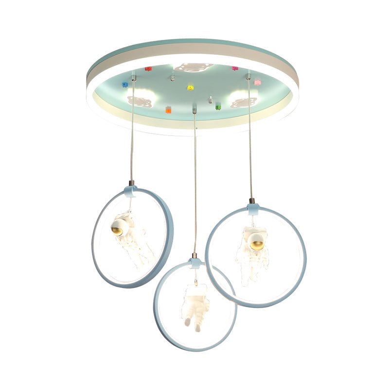 Kids Style Ring Shaped Metallic Ceiling Light - Green Led Suspension Lighting With Astronaut Decor