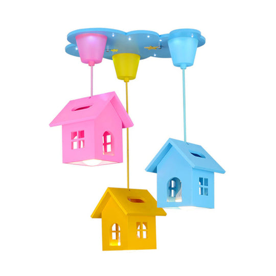 Kids Wooden House-Shaped Pendant Light - Blue With 3 Bulbs Nursery Lighting