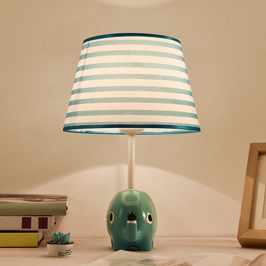 Tapered Table Lamp For Childs Room - Cartoon Lighting With Elephant Resin Base In Blue Fabric