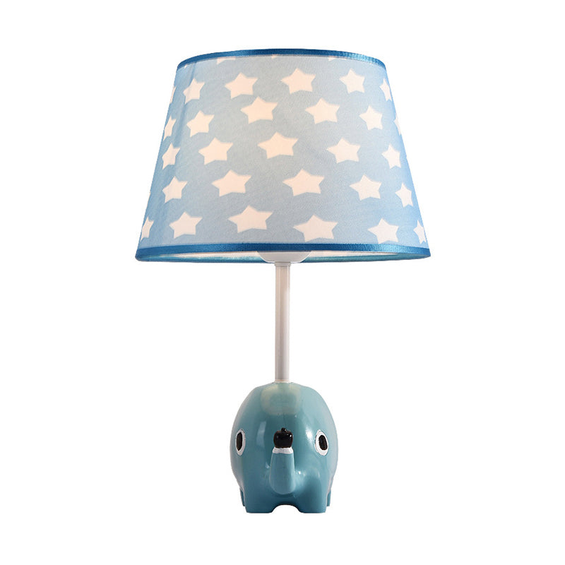 Tapered Table Lamp For Childs Room - Cartoon Lighting With Elephant Resin Base In Blue Fabric