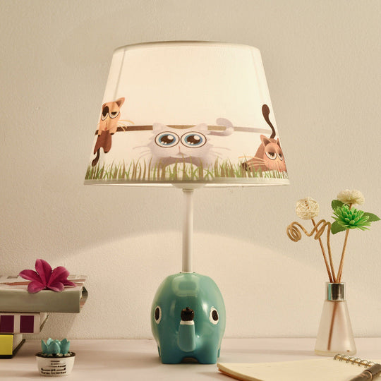 Tapered Table Lamp For Childs Room - Cartoon Lighting With Elephant Resin Base In Blue Fabric