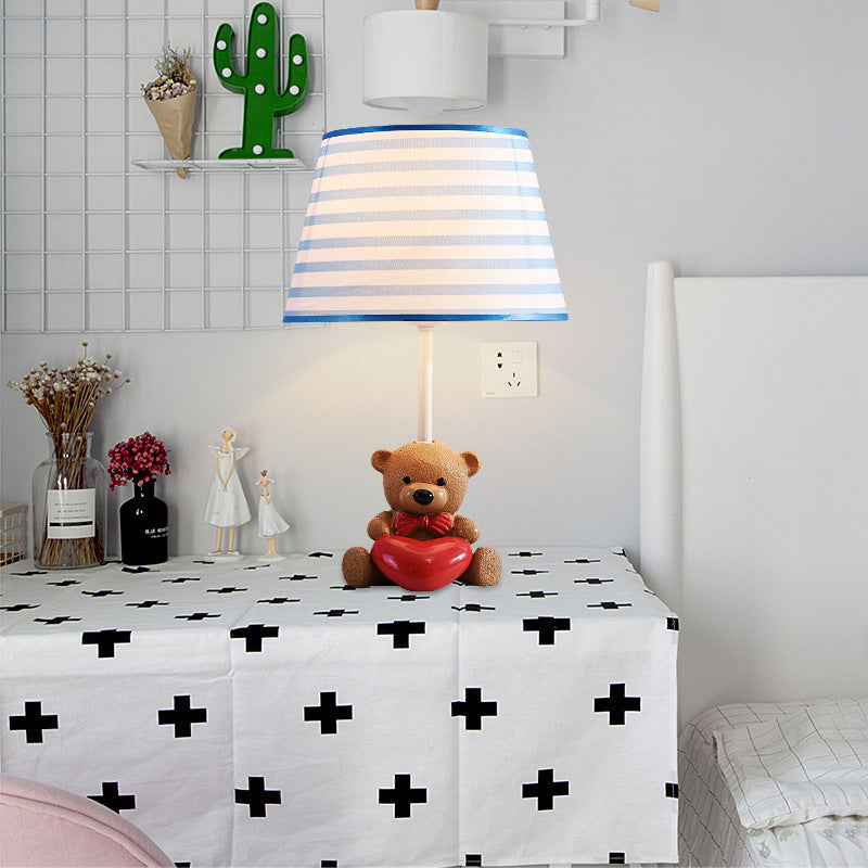 Cartoon 1-Head Brown Fabric Empire Shade Table Lamp: Adorable Bear And Heart Design For Nightstands