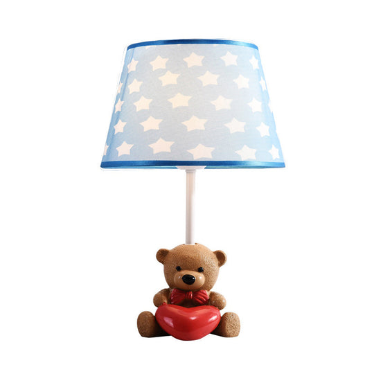 Cartoon 1-Head Brown Fabric Empire Shade Table Lamp: Adorable Bear And Heart Design For Nightstands