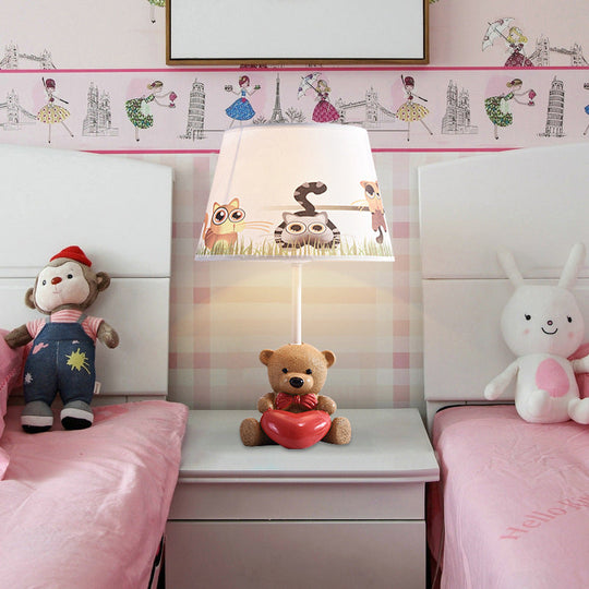 Cartoon 1-Head Brown Fabric Empire Shade Table Lamp: Adorable Bear And Heart Design For Nightstands