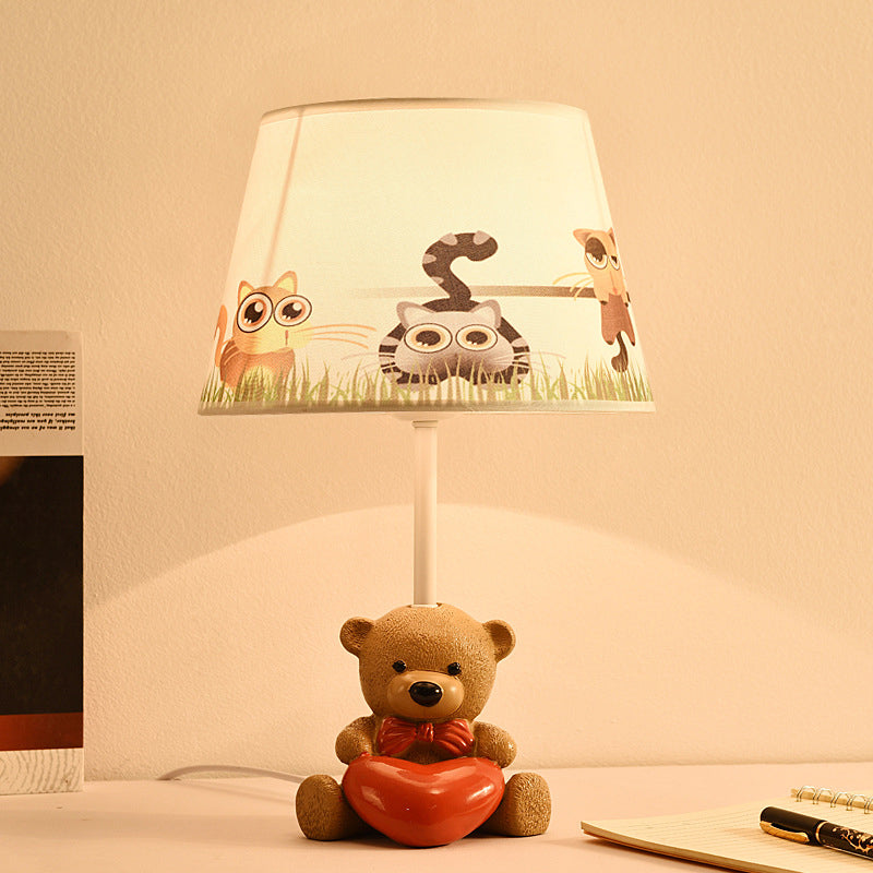 Cartoon 1-Head Brown Fabric Empire Shade Table Lamp: Adorable Bear And Heart Design For Nightstands