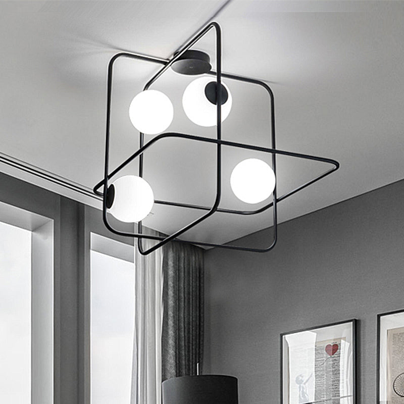 Contemporary Flush Mount Lamp With 4 Heads Matte White Glass Black/White/Gold Finish Black