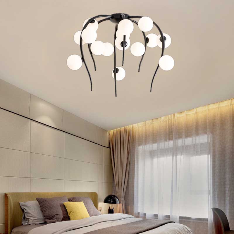 Black/Gold Flush Lamp with Milk White Glass and Weeping Branch Design - 15/20 Lights Ceiling Flush Mount for Living Room