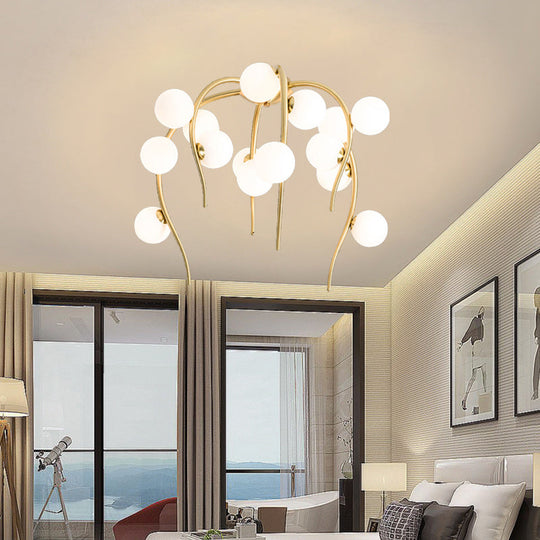 Black/Gold Flush Lamp with Milk White Glass and Weeping Branch Design - 15/20 Lights Ceiling Flush Mount for Living Room