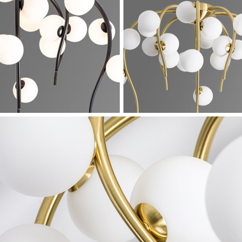 Black/Gold Flush Lamp with Milk White Glass and Weeping Branch Design - 15/20 Lights Ceiling Flush Mount for Living Room