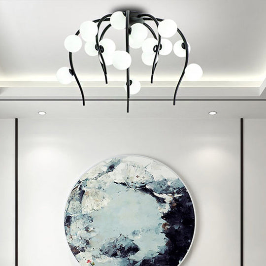 Black/Gold Flush Lamp with Milk White Glass and Weeping Branch Design - 15/20 Lights Ceiling Flush Mount for Living Room