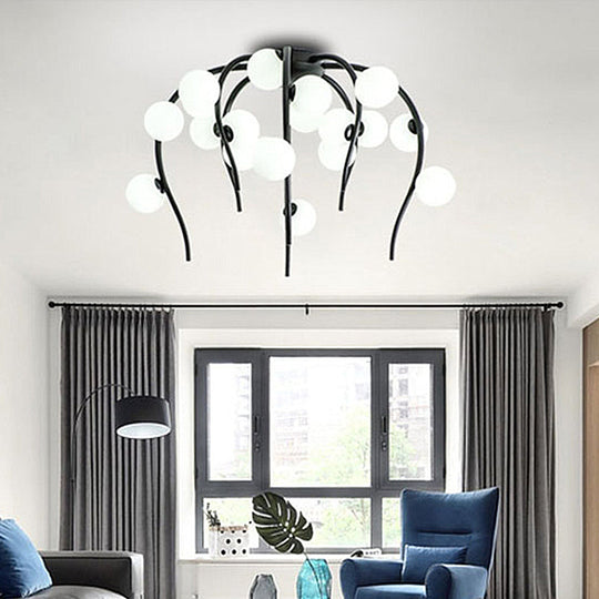 Black/Gold Flush Lamp with Milk White Glass and Weeping Branch Design - 15/20 Lights Ceiling Flush Mount for Living Room