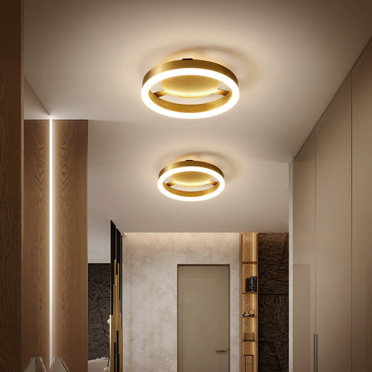 Golden Metal Ceiling Mounted Led Flush Lamp For Modern Corridors - Round/Square Warm/White Light