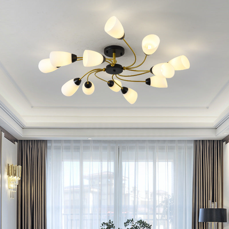 Modern Black/Gold Curly Floral Semi Flush Mount Ceiling Light - 9/12 Lights, Milk White Glass - Living Room Lighting Fixture