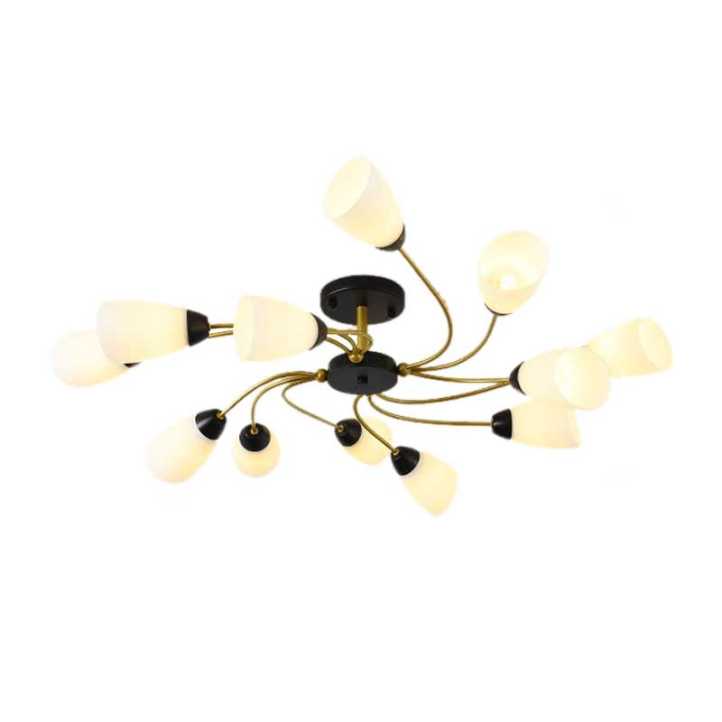 Modern Black/Gold Curly Floral Semi Flush Mount Ceiling Light - 9/12 Lights, Milk White Glass - Living Room Lighting Fixture