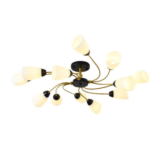 Modern Black/Gold Curly Floral Semi Flush Mount Ceiling Light - 9/12 Lights Milk White Glass Living