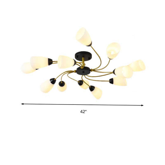 Modern Black/Gold Curly Floral Semi Flush Mount Ceiling Light - 9/12 Lights, Milk White Glass - Living Room Lighting Fixture