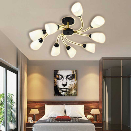 Modern Black/Gold Curly Floral Semi Flush Mount Ceiling Light - 9/12 Lights, Milk White Glass - Living Room Lighting Fixture