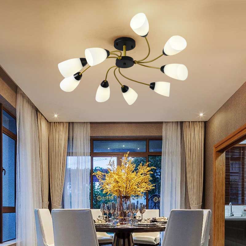 Modern Black/Gold Curly Floral Semi Flush Mount Ceiling Light - 9/12 Lights, Milk White Glass - Living Room Lighting Fixture