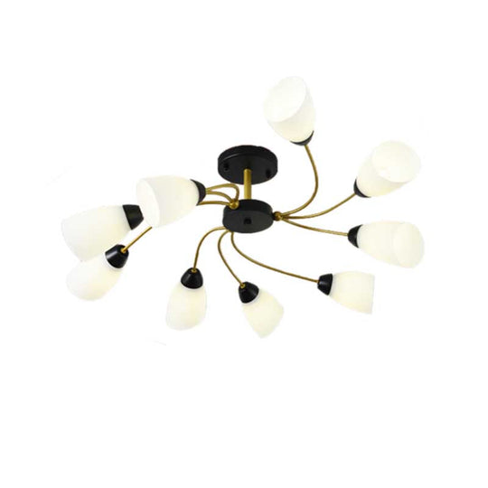 Modern Black/Gold Curly Floral Semi Flush Mount Ceiling Light - 9/12 Lights, Milk White Glass - Living Room Lighting Fixture