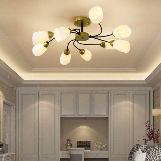 Modern Black/Gold Curly Floral Semi Flush Mount Ceiling Light - 9/12 Lights, Milk White Glass - Living Room Lighting Fixture