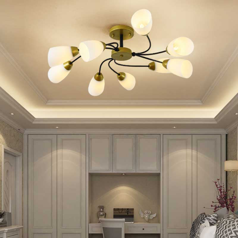 Modern Black/Gold Curly Floral Semi Flush Mount Ceiling Light - 9/12 Lights Milk White Glass Living