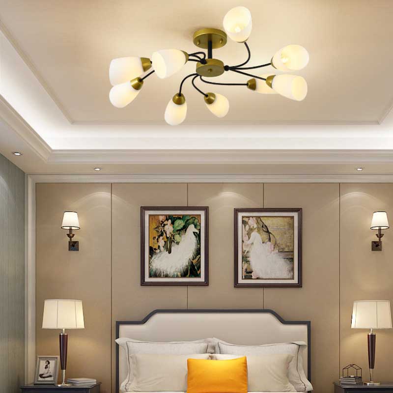 Modern Black/Gold Curly Floral Semi Flush Mount Ceiling Light - 9/12 Lights, Milk White Glass - Living Room Lighting Fixture