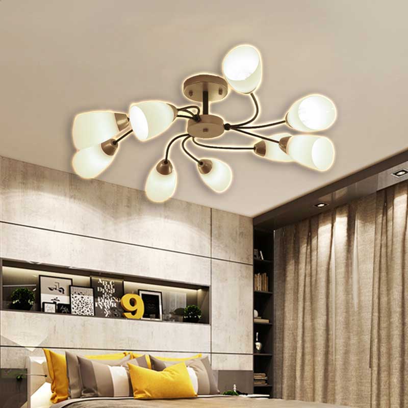 Modern Black/Gold Curly Floral Semi Flush Mount Ceiling Light - 9/12 Lights, Milk White Glass - Living Room Lighting Fixture