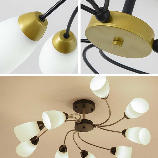 Modern Black/Gold Curly Floral Semi Flush Mount Ceiling Light - 9/12 Lights Milk White Glass Living