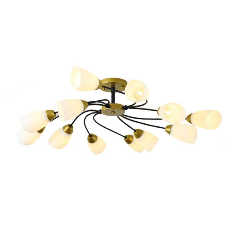 Modern Black/Gold Curly Floral Semi Flush Mount Ceiling Light - 9/12 Lights, Milk White Glass - Living Room Lighting Fixture