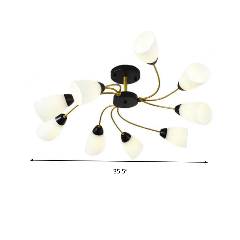 Modern Black/Gold Curly Floral Semi Flush Mount Ceiling Light - 9/12 Lights Milk White Glass Living