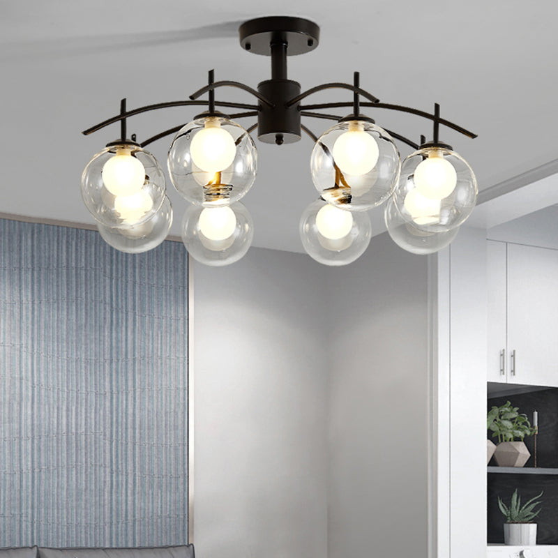 Contemporary Black Glass Ball Semi Flush Light - 3/5/6-Light Living Room Ceiling Chandelier