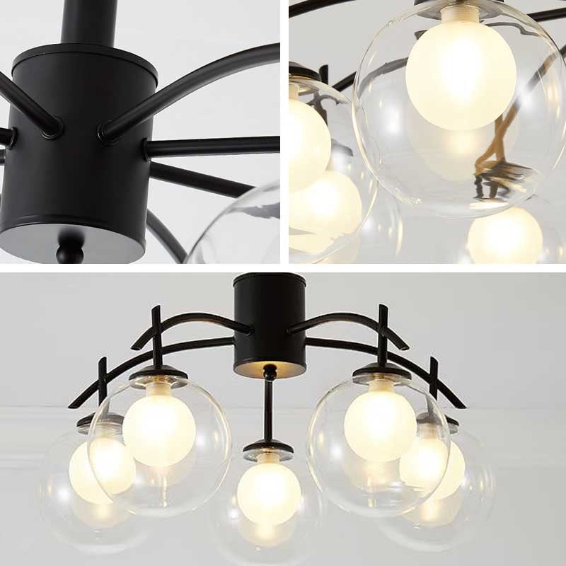 Contemporary Black Glass Ball Semi Flush Light - 3/5/6-Light Living Room Ceiling Chandelier