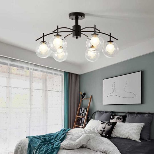 Contemporary Black Glass Ball Semi Flush Light - 3/5/6-Light Living Room Ceiling Chandelier