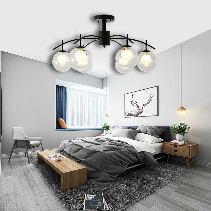 Contemporary Black Glass Ball Semi Flush Light - 3/5/6-Light Living Room Ceiling Chandelier