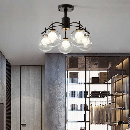 Contemporary Black Glass Ball Semi Flush Light - 3/5/6-Light Living Room Ceiling Chandelier