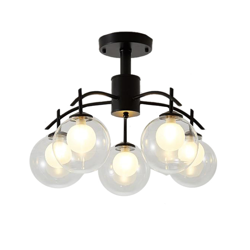 Contemporary Black Glass Ball Semi Flush Light - 3/5/6-Light Living Room Ceiling Chandelier