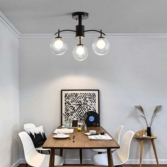 Contemporary Black Glass Ball Semi Flush Light - 3/5/6-Light Living Room Ceiling Chandelier