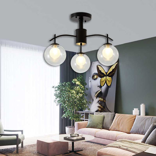 Contemporary Black Glass Ball Semi Flush Light - 3/5/6-Light Living Room Ceiling Chandelier