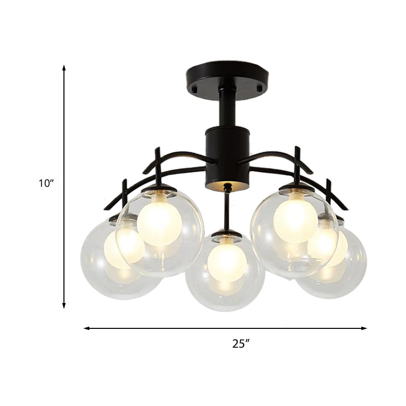 Contemporary Black Glass Ball Semi Flush Light - 3/5/6-Light Living Room Ceiling Chandelier