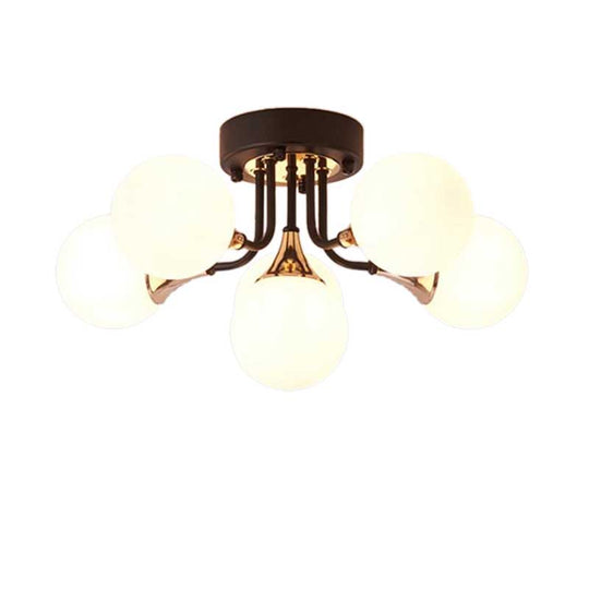 6/10/13 Semi Flush Chandelier with Milk White Glass Shades - Black Ceiling Mounted Sphere Light