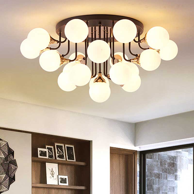 6/10/13 Semi Flush Chandelier with Milk White Glass Shades - Black Ceiling Mounted Sphere Light