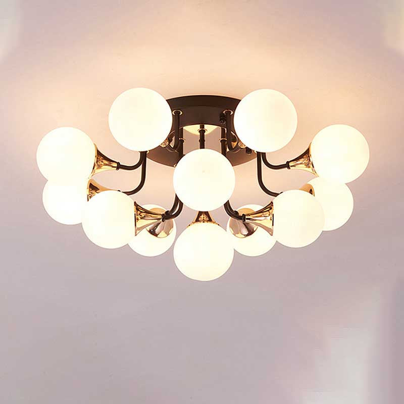 6/10/13 Semi Flush Chandelier with Milk White Glass Shades - Black Ceiling Mounted Sphere Light