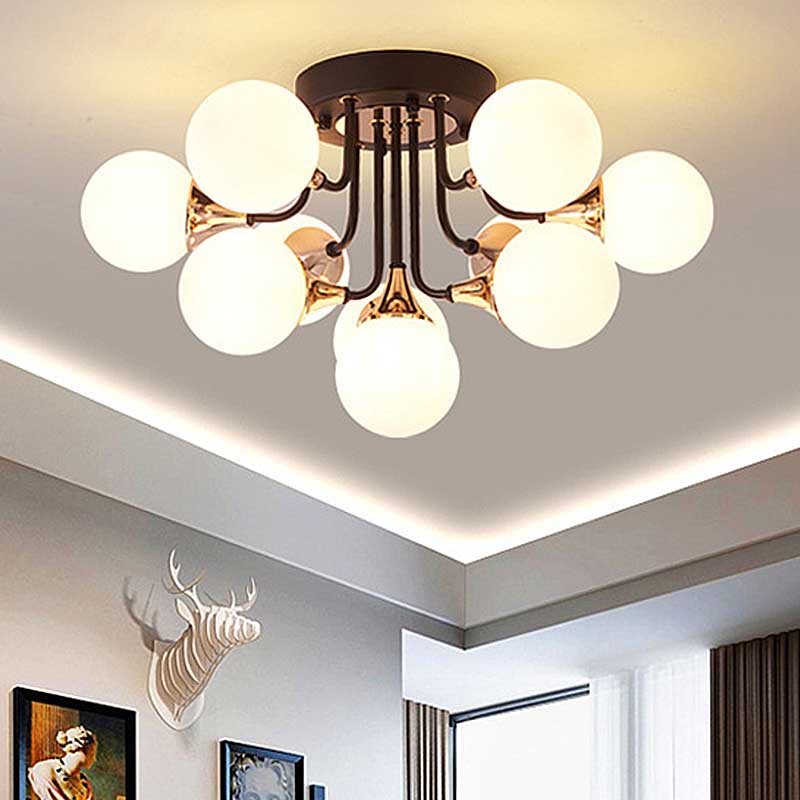 6/10/13 Semi Flush Chandelier With Milk White Glass Shades - Black Ceiling Mounted Sphere Light 10 /