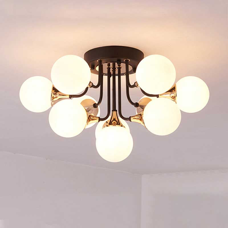 6/10/13 Semi Flush Chandelier with Milk White Glass Shades - Black Ceiling Mounted Sphere Light