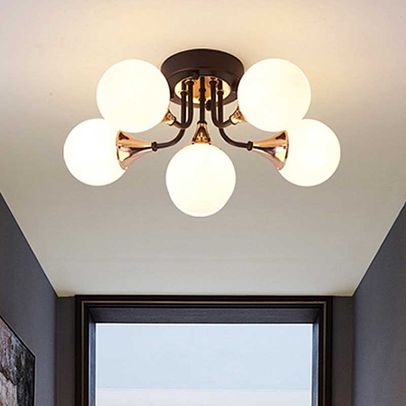 6/10/13 Semi Flush Chandelier with Milk White Glass Shades - Black Ceiling Mounted Sphere Light