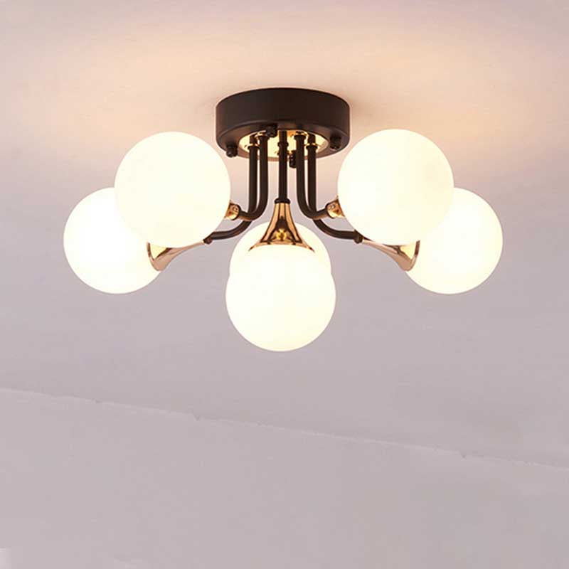 6/10/13 Semi Flush Chandelier with Milk White Glass Shades - Black Ceiling Mounted Sphere Light