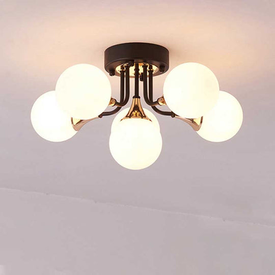 6/10/13 Semi Flush Chandelier with Milk White Glass Shades - Black Ceiling Mounted Sphere Light