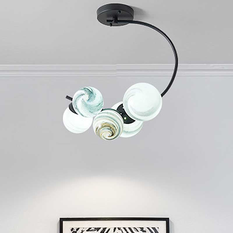 Modern Hand Blown Glass Ball Ceiling Lamp - Semi Flush Mount Lighting (3/5 Lights) in Black/White