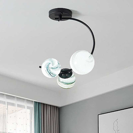 Modern Hand Blown Glass Ball Ceiling Lamp - Semi Flush Mount Lighting (3/5 Lights) in Black/White