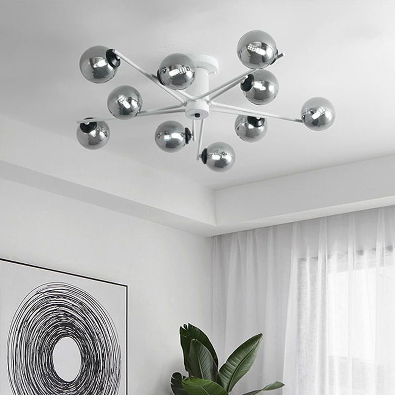 Sputnik Semi Flush Mount Silver Glass Ceiling Light Fixture - Modern Postmodern Design with 6/8/10 Lights for White Living Room